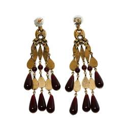 Gucci Aged Gold Tone Garnet Beaded Chandelier Earrings