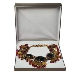 Pre Owned Gucci Aged Gold Tone Crystals & Bead Charm Statement Necklace