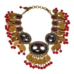 Pre Owned Gucci Aged Gold Tone Crystals & Bead Charm Statement Necklace