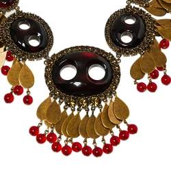 Pre Owned Gucci Aged Gold Tone Crystals & Bead Charm Statement Necklace