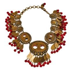 Pre Owned Gucci Aged Gold Tone Crystals & Bead Charm Statement Necklace