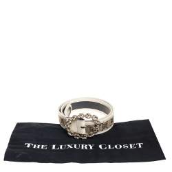 مملوكة مسبقًا حزام غوتشي إبزيم سلسلة جلد و كانفاس جي جي بيج و كريمي مقاس 80 سم