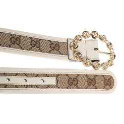 مملوكة مسبقًا حزام غوتشي إبزيم سلسلة جلد و كانفاس جي جي بيج و كريمي مقاس 80 سم