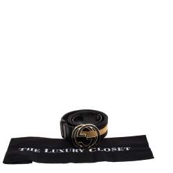 Pre Owned حزام غوتشي جلد و كانفاس أسود / بيج حرفي جي جي متشابكين بإبزيم 90 سم