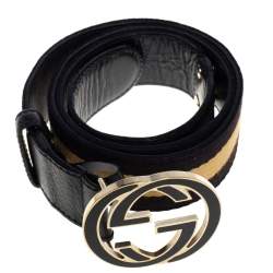 Pre Owned حزام غوتشي جلد و كانفاس أسود / بيج حرفي جي جي متشابكين بإبزيم 90 سم