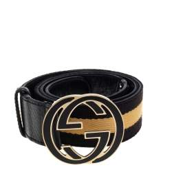 Pre Owned حزام غوتشي جلد و كانفاس أسود / بيج حرفي جي جي متشابكين بإبزيم 90 سم