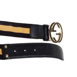 Pre Owned حزام غوتشي جلد و كانفاس أسود / بيج حرفي جي جي متشابكين بإبزيم 90 سم