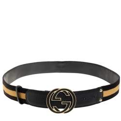Pre Owned حزام غوتشي جلد و كانفاس أسود / بيج حرفي جي جي متشابكين بإبزيم 90 سم