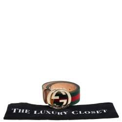 Pre Owned حزام غوتشي إبزيم جي متشابك كانفاس ويب وجلد أخضر/ بني 80 سم