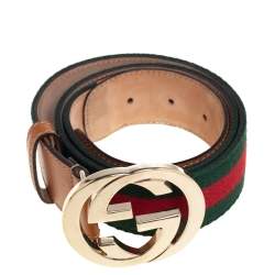Pre Owned حزام غوتشي إبزيم جي متشابك كانفاس ويب وجلد أخضر/ بني 80 سم