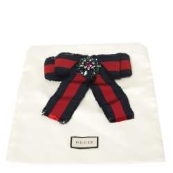 Pre Owned Gucci Blue & Red Web Grosgrain Ribbon Bow Pin Brooch