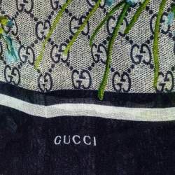 Pre Owned وشاح غوتشي مربع حرير و مودال مطبوع مورد و شعار الماركة مونوغرامي أزرق كحلي