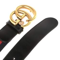 Pre Owned Gucci Black Web Canvas and Leather Double G Buckle Belt 85 CM