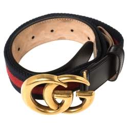 Pre Owned Gucci Black Web Canvas and Leather Double G Buckle Belt 85 CM