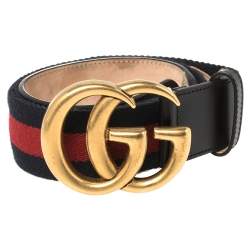 Pre Owned Gucci Black Web Canvas and Leather Double G Buckle Belt 85 CM