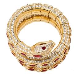 Pre Owned Gucci Gold Tone Crystal Encrusted Triple Wrap Snake Bracelet