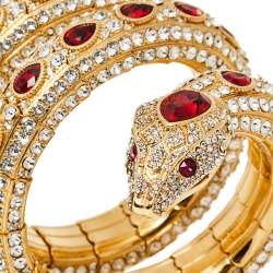 Pre Owned Gucci Gold Tone Crystal Encrusted Triple Wrap Snake Bracelet