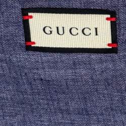Pre Owned Gucci Navy Blue Logo Printed Modal & Silk Square Scarf