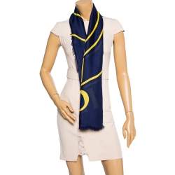 Pre Owned Gucci Navy Blue Logo Printed Modal & Silk Square Scarf