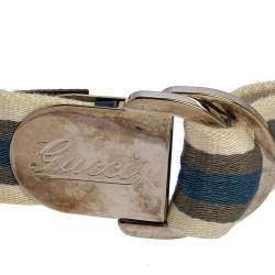Gucci White/Blue/Green Web Belt With Engraved Gucci Script Logo D Ring Buckle 90 CM