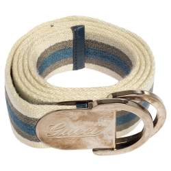 Gucci White/Blue/Green Web Belt With Engraved Gucci Script Logo D Ring Buckle 90 CM