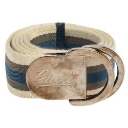 Gucci White/Blue/Green Web Belt With Engraved Gucci Script Logo D Ring Buckle 90 CM