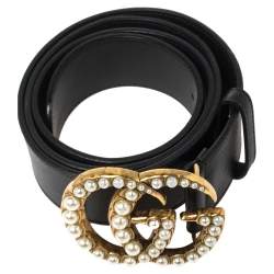 مملوكة مسبقًا حزام غوتشي إبزيم حرف جي مزدوج مزخرف لؤلؤ جي جي جلد أسود 100 سم