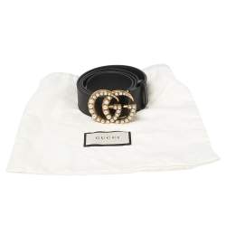 مملوكة مسبقًا حزام غوتشي إبزيم حرف جي مزدوج مزخرف لؤلؤ جي جي جلد أسود 100 سم