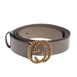 مملوكة مسبقًا Gucci Grey Leather Studded Interlocking G Buckle Belt 85 CM