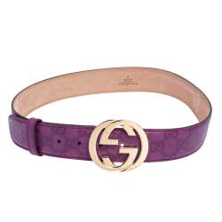 مملوكة مسبقًا حزام غوتشي بإبزيم G متداخل جلد غوتشيسيما بنفسجي 85 سم