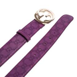 مملوكة مسبقًا حزام غوتشي بإبزيم G متداخل جلد غوتشيسيما بنفسجي 85 سم