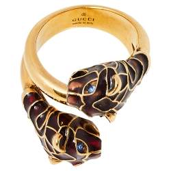 Pre Owned خاتم غوتشي ملتف إينامل رأس تايغر مزدوج ذهبي اللون 17 
