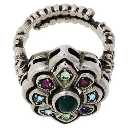 Pre Owned Gucci Multicolor Crystal Silver Tone Flower Ring 14