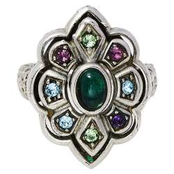 Pre Owned Gucci Multicolor Crystal Silver Tone Flower Ring 14