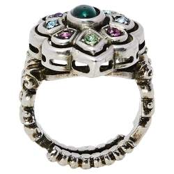 Pre Owned Gucci Multicolor Crystal Silver Tone Flower Ring 14