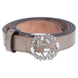 Pre Owned Gucci Gold Leather Crystal Embellished Interlocking G Slim Belt 80 CM
