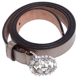 Pre Owned Gucci Gold Leather Crystal Embellished Interlocking G Slim Belt 80 CM