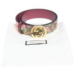 Pre Owned Gucci Beige/Pink GG Supreme Blooms Print Canvas Interlocking G Buckle Belt 90 CM