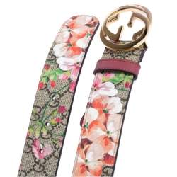 Pre Owned Gucci Beige/Pink GG Supreme Blooms Print Canvas Interlocking G Buckle Belt 90 CM