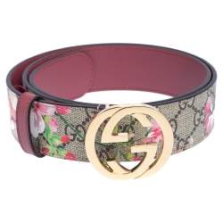 Gucci Beige/Pink GG Supreme Blooms Print Canvas Interlocking G Buckle Belt  75CM Gucci