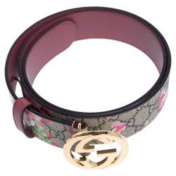 Pre Owned Gucci Beige/Pink GG Supreme Blooms Print Canvas Interlocking G Buckle Belt 90 CM