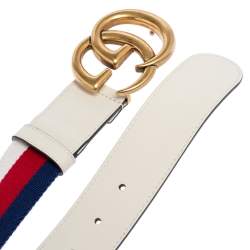 Pre Owned Gucci White Web Canvas and Leather Double G Buckle Belt 90 CM
