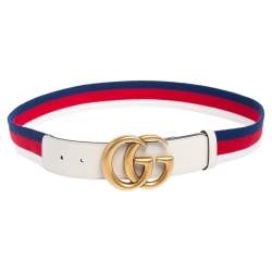 Pre Owned Gucci White Web Canvas and Leather Double G Buckle Belt 90 CM