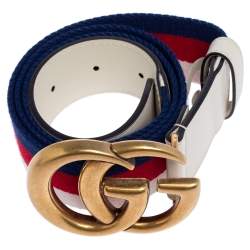 Pre Owned Gucci White Web Canvas and Leather Double G Buckle Belt 90 CM