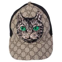 مملوكة مسبقًا Gucci Beige Mystic Cat Embellished Canvas & Mesh Baseball Cap