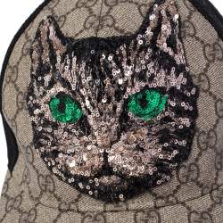 مملوكة مسبقًا Gucci Beige Mystic Cat Embellished Canvas & Mesh Baseball Cap