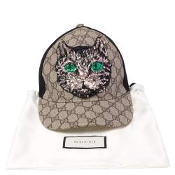مملوكة مسبقًا Gucci Beige Mystic Cat Embellished Canvas & Mesh Baseball Cap