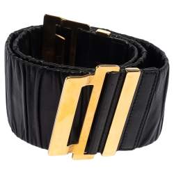 Gucci Black Pleated Leather Elastic Waist Belt 70CM