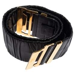 Gucci Black Pleated Leather Elastic Waist Belt 70CM