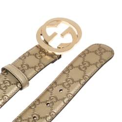 Pre Owned Gucci Metallic Gold Guccissima Leather Interlocking G Buckle Belt 90CM